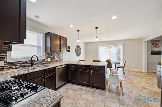 kitchen with sink, hanging light fixtures, decorative backsplash, stainless steel dishwasher, and kitchen peninsula