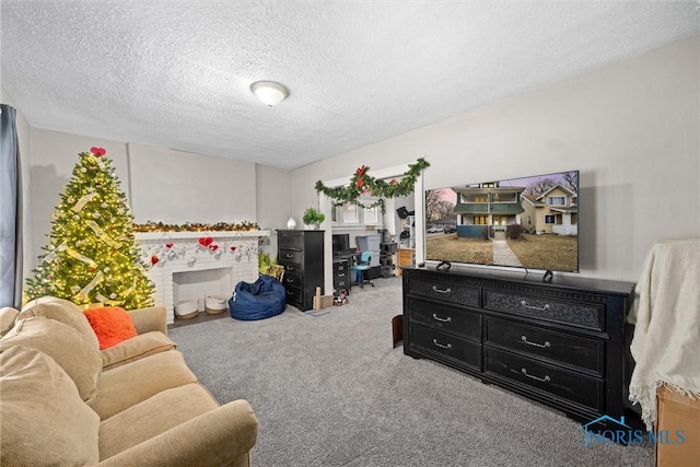 bedroom with a textured ceiling and carpet flooring