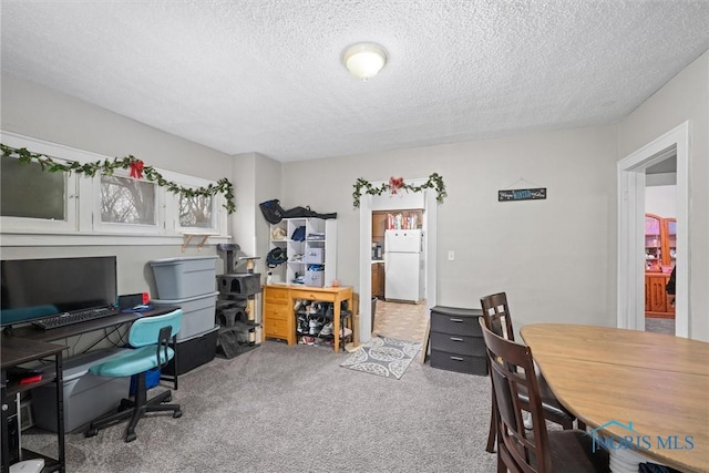 carpeted office featuring a textured ceiling