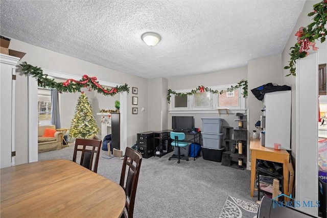 carpeted home office featuring a textured ceiling