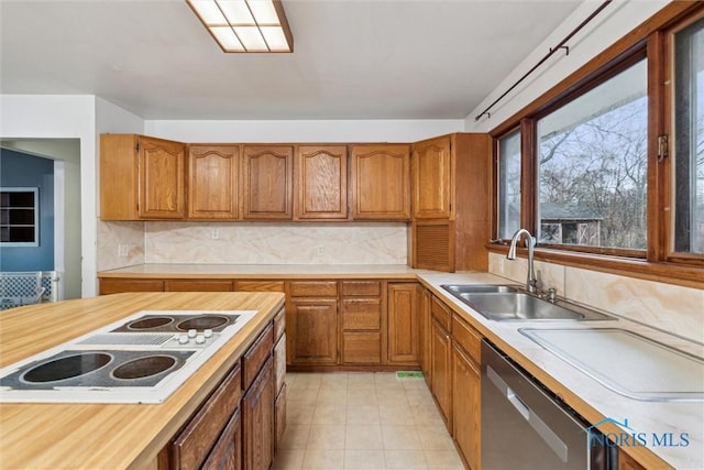 kitchen with dishwasher, white electric cooktop, sink, and decorative backsplash