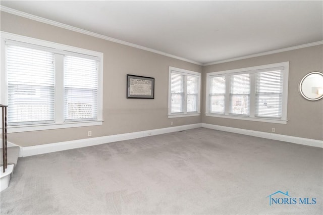 spare room with light colored carpet and ornamental molding