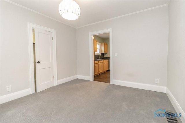 carpeted empty room with crown molding and sink