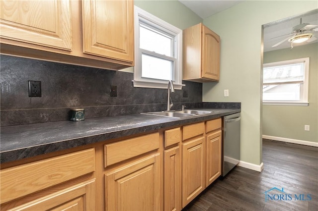 kitchen with sink, backsplash, plenty of natural light, stainless steel dishwasher, and light brown cabinets