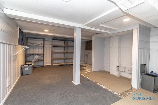 basement featuring carpet flooring