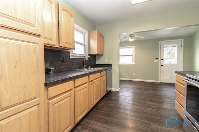 kitchen with sink, stainless steel appliances, dark hardwood / wood-style floors, light brown cabinetry, and decorative backsplash