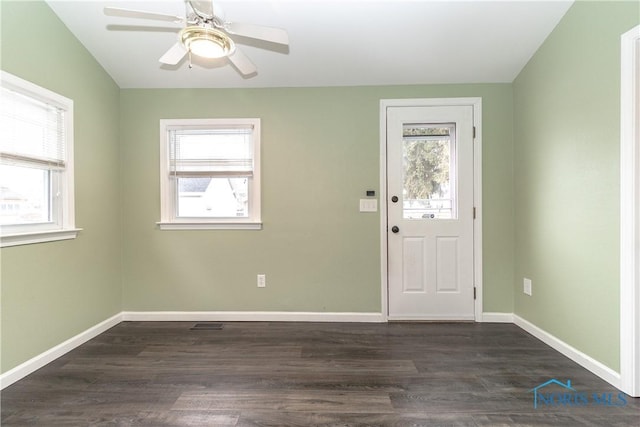 entryway featuring ceiling fan, a wealth of natural light, and dark hardwood / wood-style flooring