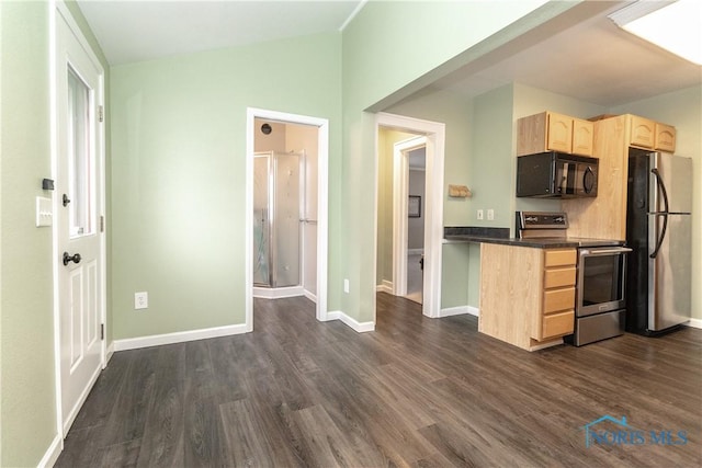 kitchen featuring dark wood-type flooring, light brown cabinets, vaulted ceiling, and appliances with stainless steel finishes