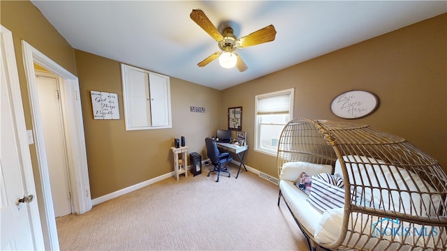 carpeted bedroom featuring lofted ceiling and ceiling fan