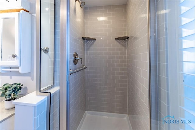 bathroom with a shower with door