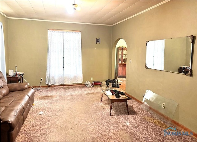 carpeted living room featuring ornamental molding