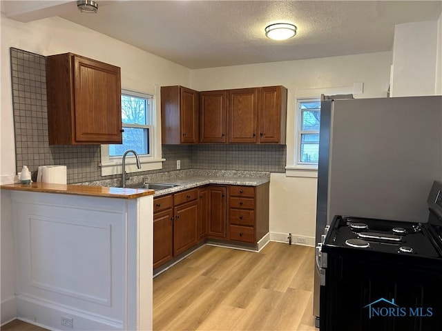 kitchen featuring appliances with stainless steel finishes, light wood-type flooring, a sink, and decorative backsplash