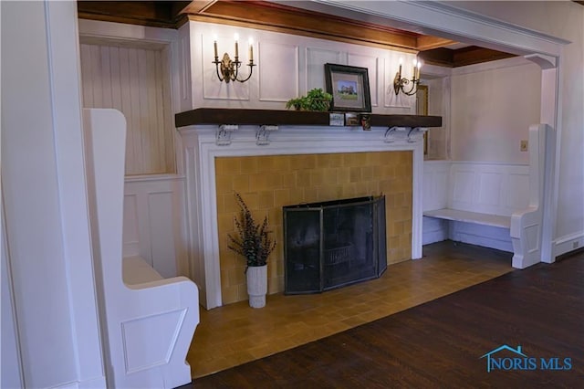 424 Winthrop St, Toledo, OH 43620 - detailed view of a decorative wall, wood finished floors, a fireplace, and a wainscoted wall