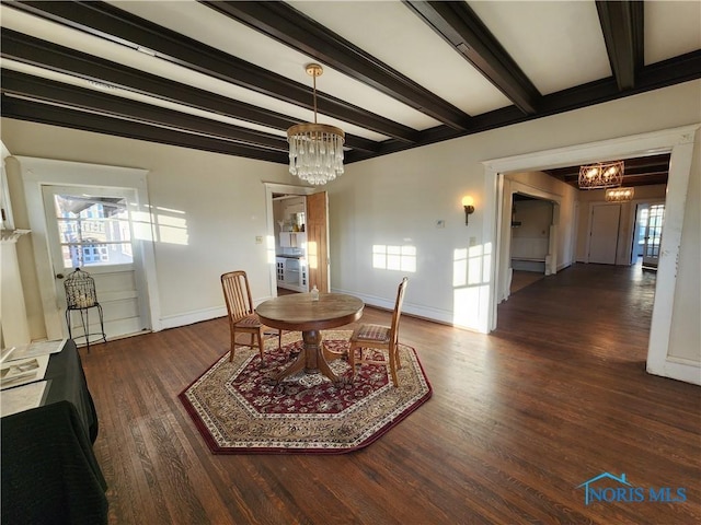 dining room with an inviting chandelier, a healthy amount of sunlight, and dark wood-type flooring