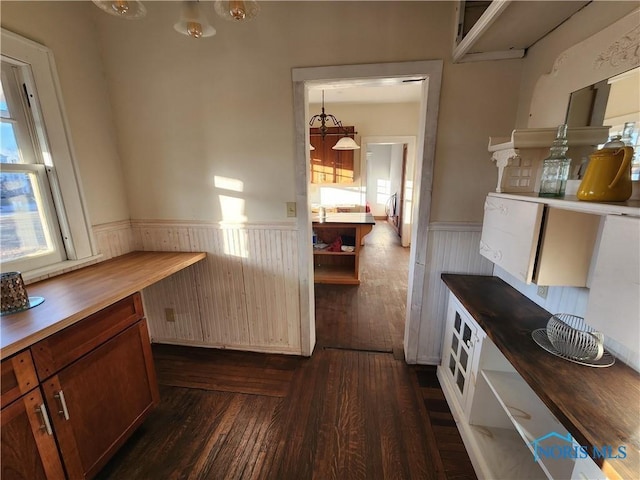 424 Winthrop St, Toledo, OH 43620 - kitchen with wooden counters, wainscoting, and dark wood-style flooring