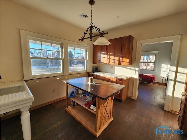 kitchen featuring decorative light fixtures and dark wood-type flooring