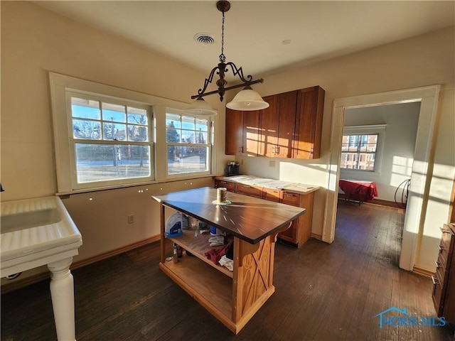 424 Winthrop St, Toledo, OH 43620 - kitchen with dark wood-style floors, decorative light fixtures, open shelves, wood counters, and brown cabinetry