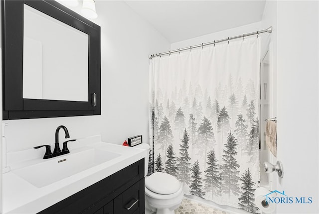 bathroom with curtained shower, vanity, and toilet