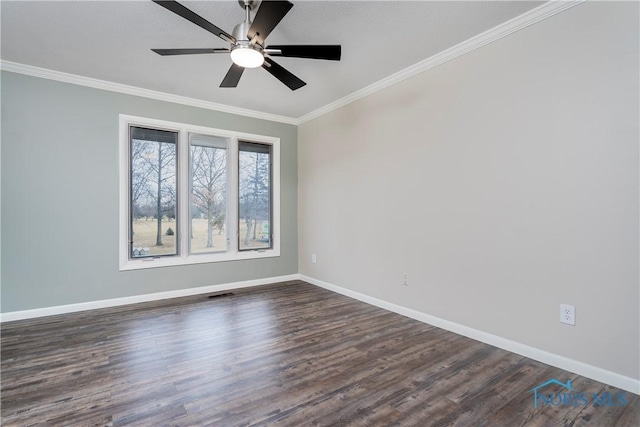 unfurnished room featuring crown molding, dark hardwood / wood-style floors, and ceiling fan