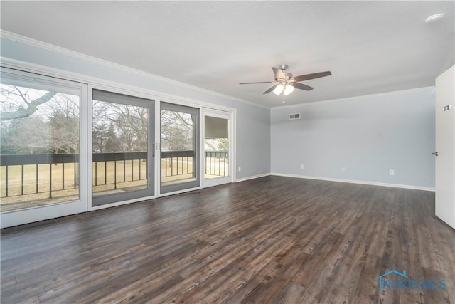 unfurnished room featuring ornamental molding, dark hardwood / wood-style floors, and ceiling fan