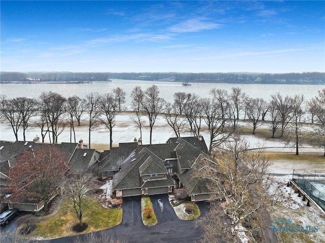 aerial view featuring a water view