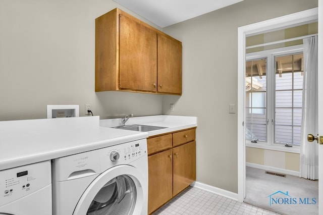 3865 River Rd, Toledo, OH 43614 - laundry room featuring visible vents, baseboards, separate washer and dryer, a sink, and cabinet space