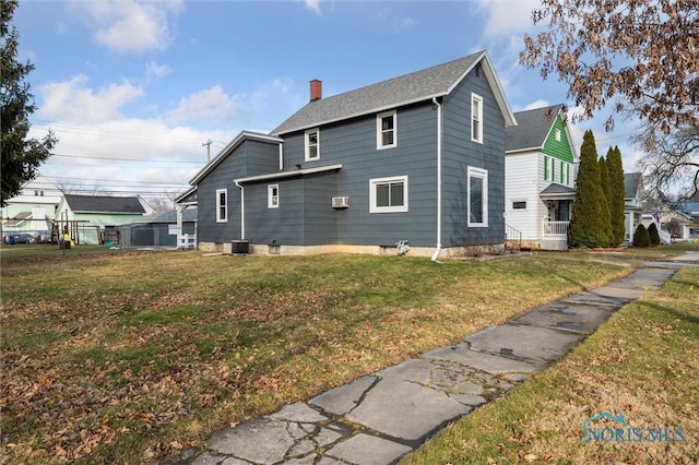 view of property exterior featuring a wall mounted air conditioner and a lawn