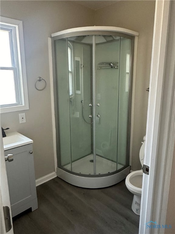 bathroom with an enclosed shower, vanity, wood-type flooring, and toilet