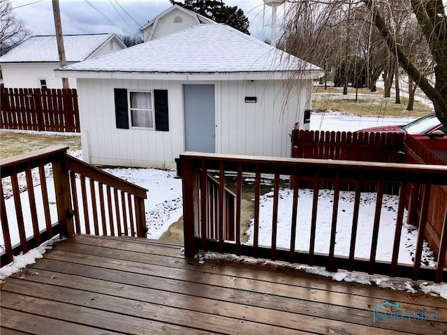 view of snow covered deck