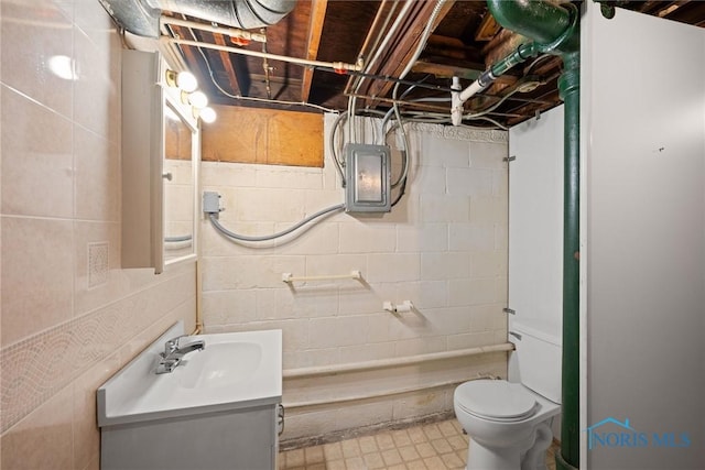 bathroom with vanity, electric panel, and toilet