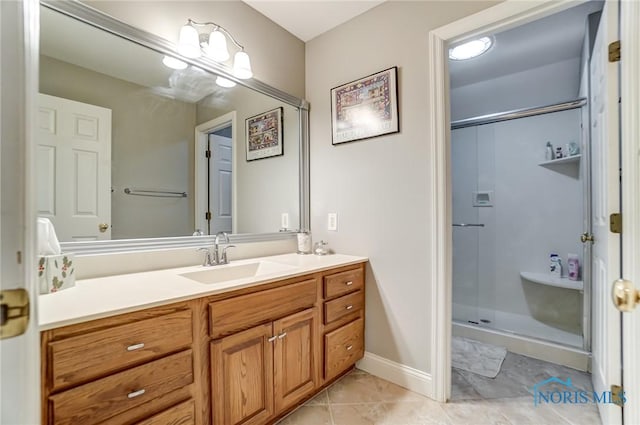 bathroom featuring tile patterned flooring, vanity, and walk in shower