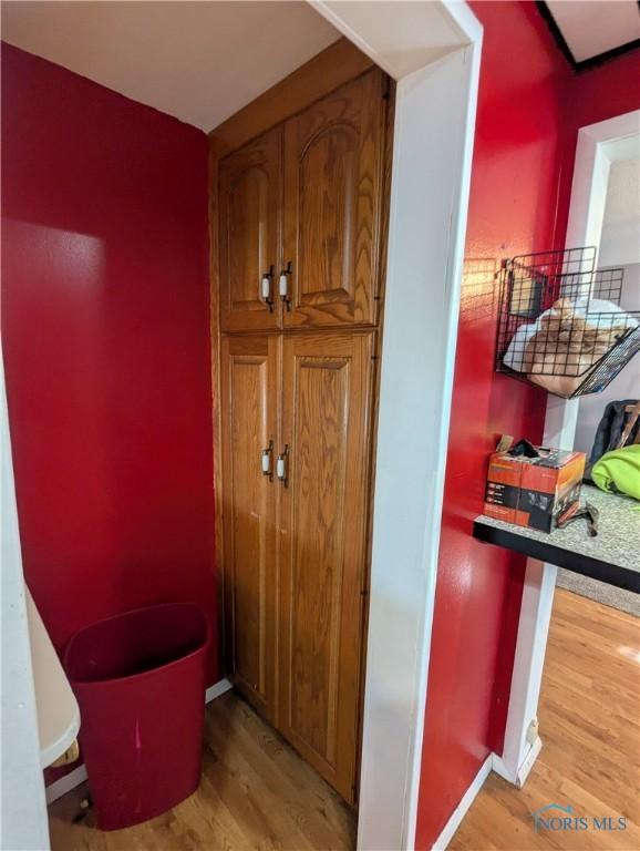 bathroom with hardwood / wood-style floors