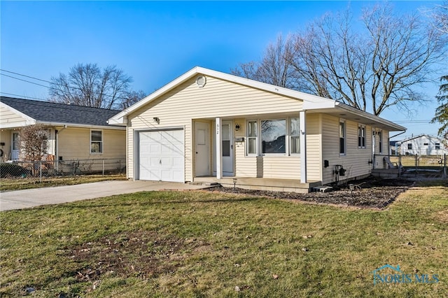 single story home featuring a garage and a front yard