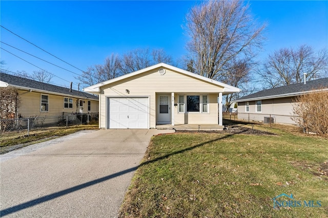 ranch-style house with a garage, cooling unit, and a front lawn