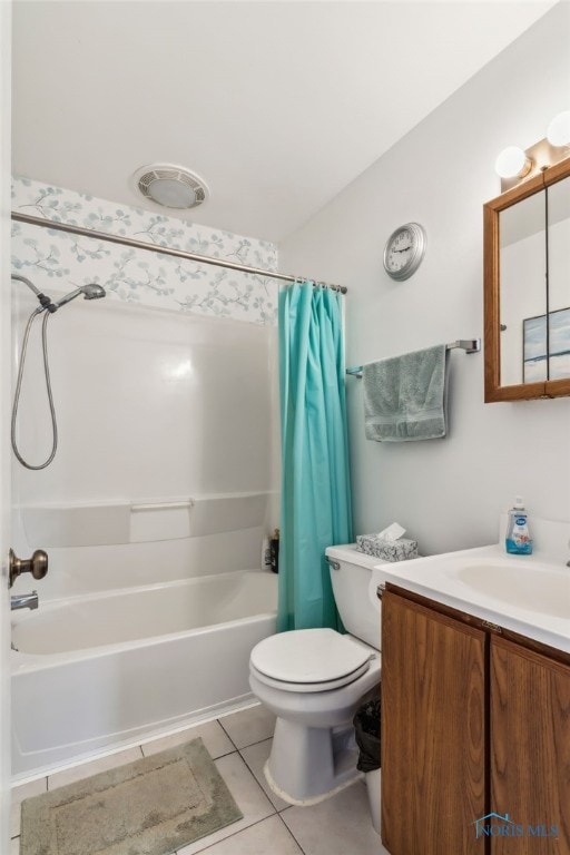 full bathroom with tile patterned floors, toilet, shower / tub combo, and vanity