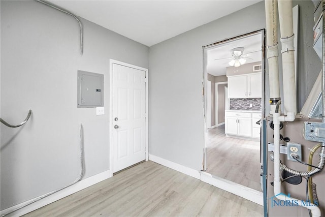 foyer with electric panel, ceiling fan, and light wood-type flooring