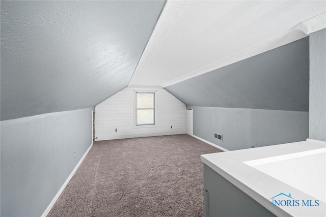 additional living space featuring vaulted ceiling, a textured ceiling, and carpet