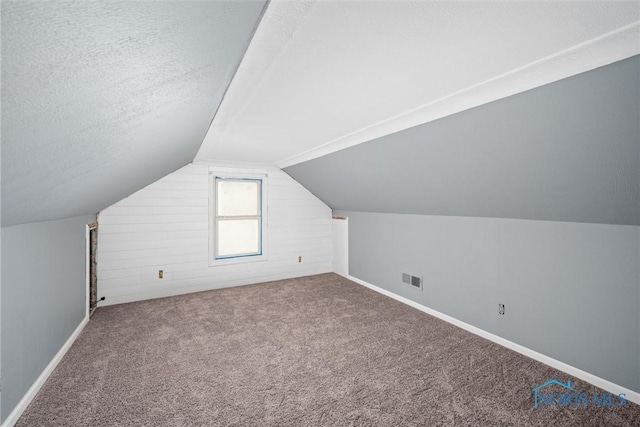 additional living space featuring vaulted ceiling, carpet, and a textured ceiling