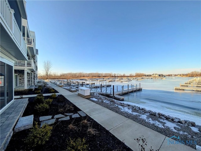 dock area with a water view