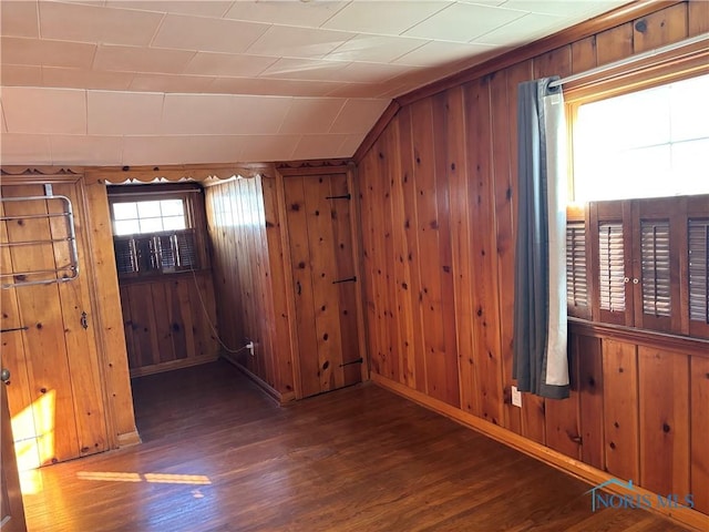 additional living space with dark wood-type flooring, lofted ceiling, and wood walls