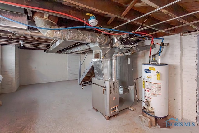 basement with heating unit and water heater