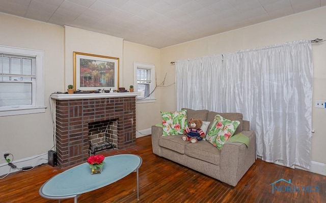 living room featuring a fireplace and dark wood-type flooring