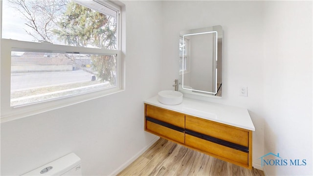 bathroom featuring vanity, hardwood / wood-style flooring, and toilet