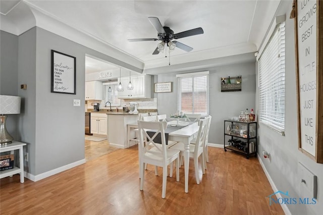 dining area with crown molding, ceiling fan, sink, and light wood-type flooring