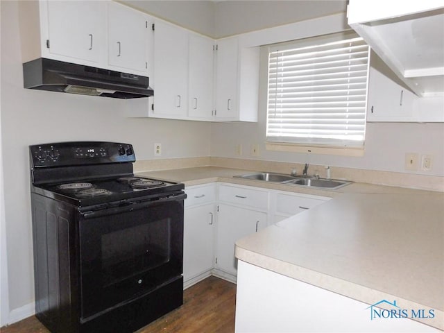 kitchen with white cabinetry, black range with electric stovetop, dark hardwood / wood-style flooring, and sink