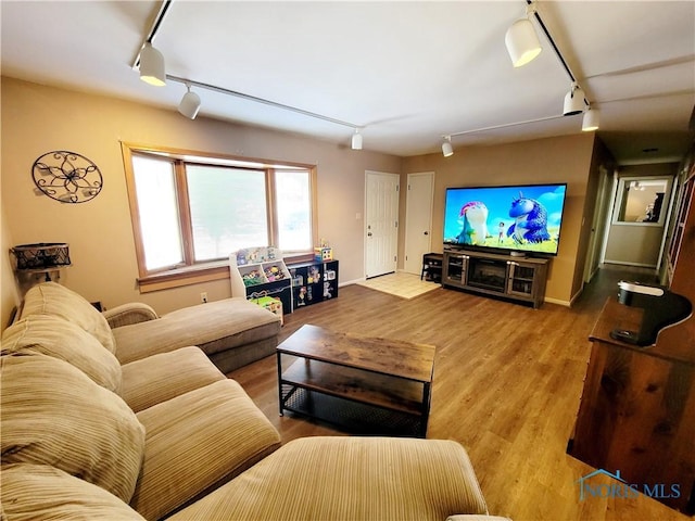 living room featuring hardwood / wood-style flooring and track lighting