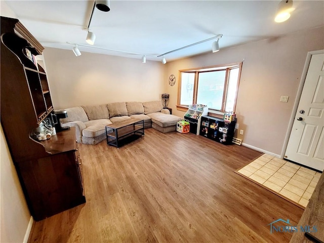 living room with track lighting and wood-type flooring