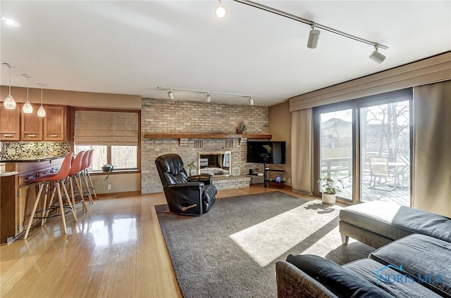 living room featuring a fireplace, light hardwood / wood-style flooring, rail lighting, and a healthy amount of sunlight