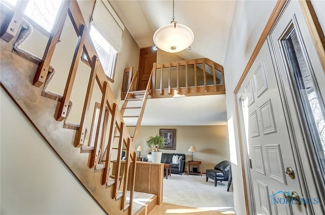 carpeted entryway with a high ceiling