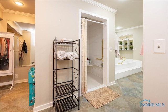 bathroom with crown molding, separate shower and tub, and built in shelves